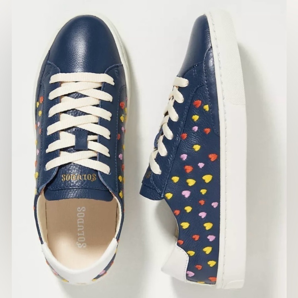 Soludos Queen Heart Blue Leather Platform Sneaker Embroider Heart SZ 8.5
